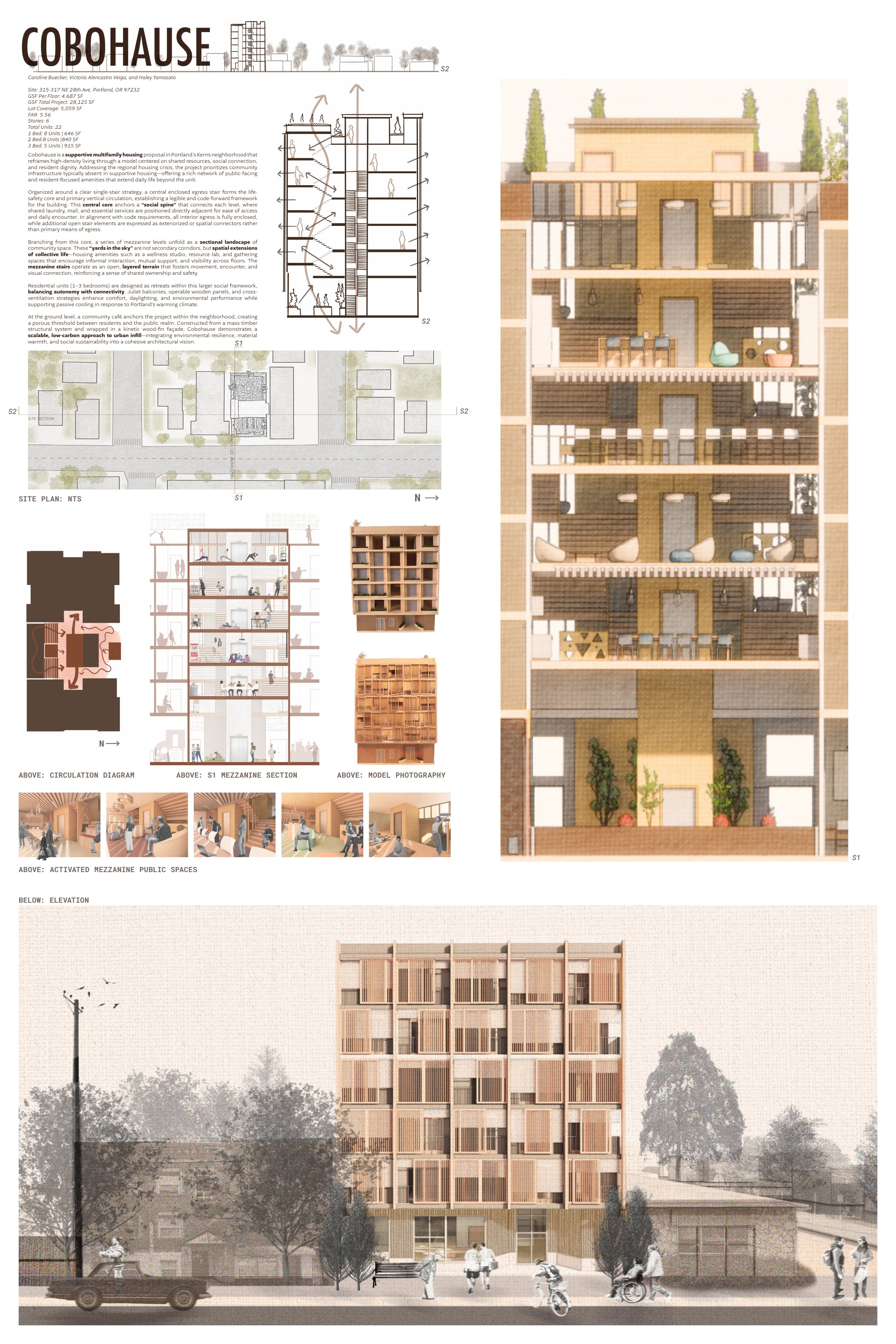 Cobohause Board 1 — site plan, section, and elevation with mezzanine public spaces